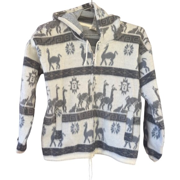 Aly Marka Alpaca Pattern Wool Zip-Up Hooded Jacket S - Picture 1 of 9